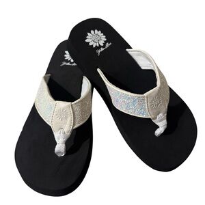 Yellow Box Iridescent Cream and Black Thong Sandals